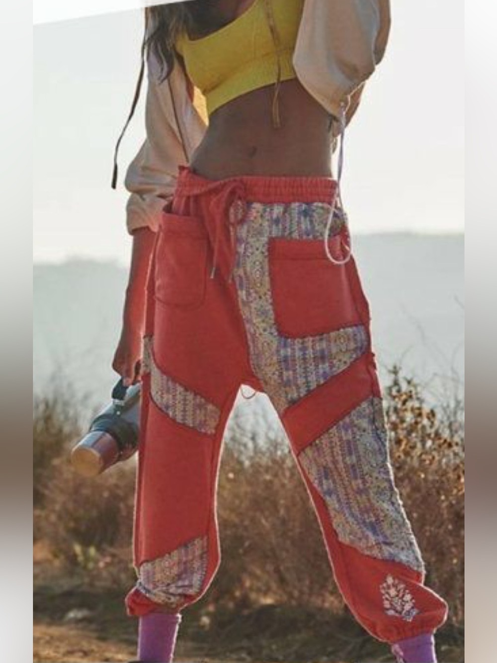 Free People Remix Harem Pants XS Red Patchwork Embroidered Joggers